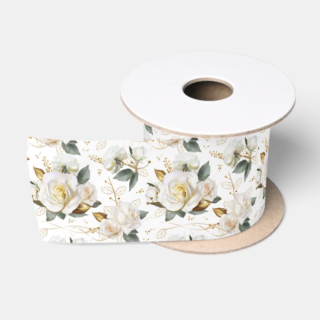 White Rose Gold Romantic Floral Satin Ribbon (Spool)