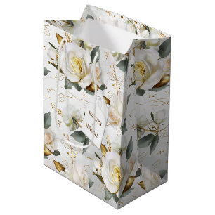 White Rose Gold Romantic Floral Wedding Medium Gift Bag