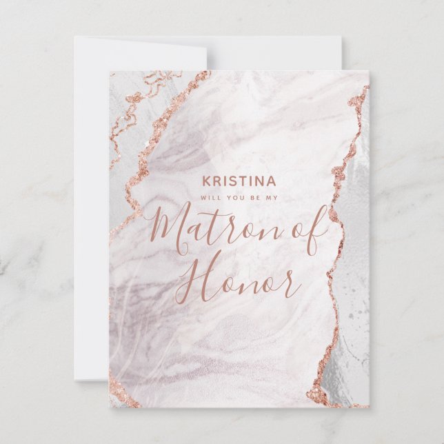 White & Rose Gold Will You Be My Matron of Honour Invitation (Front)
