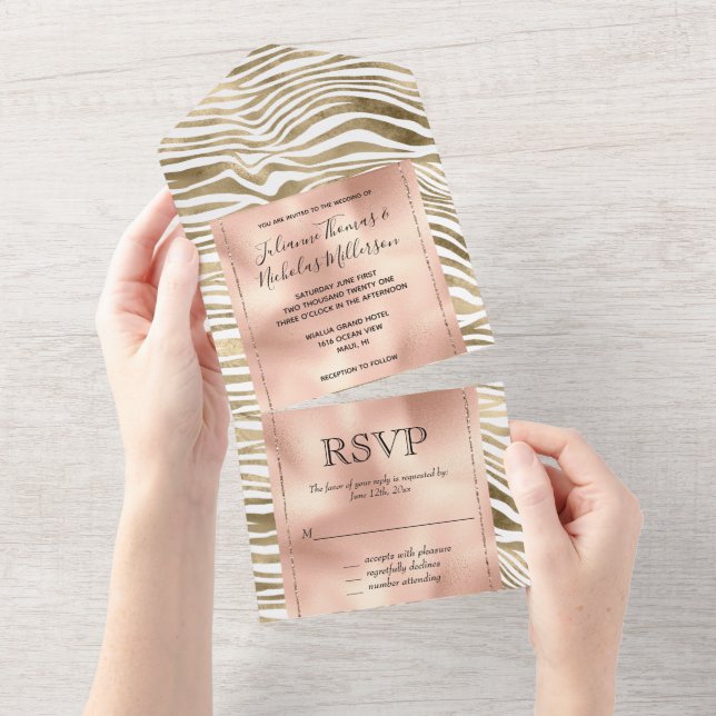 White Rose Gold Zebra Animal Print   All In One Invitation (Tearaway)