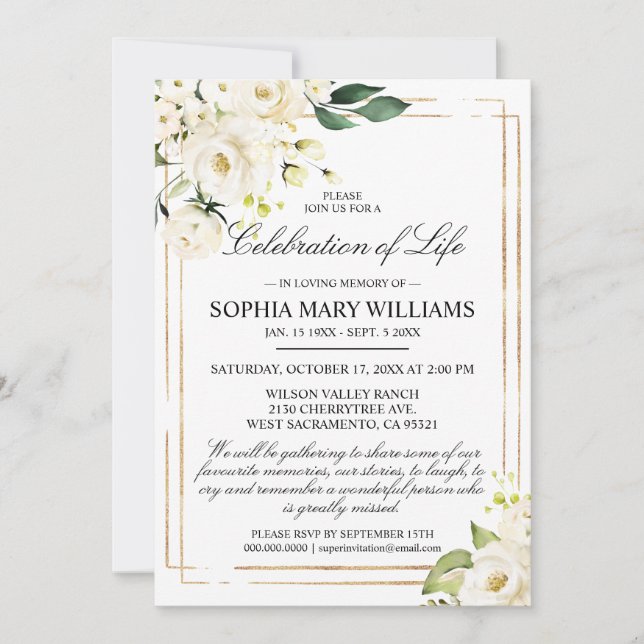 White Rose & Green Funeral Celebration of Life Invitation (Front)