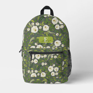 White Rose Green Leaves Botanical Personalized Printed Backpack