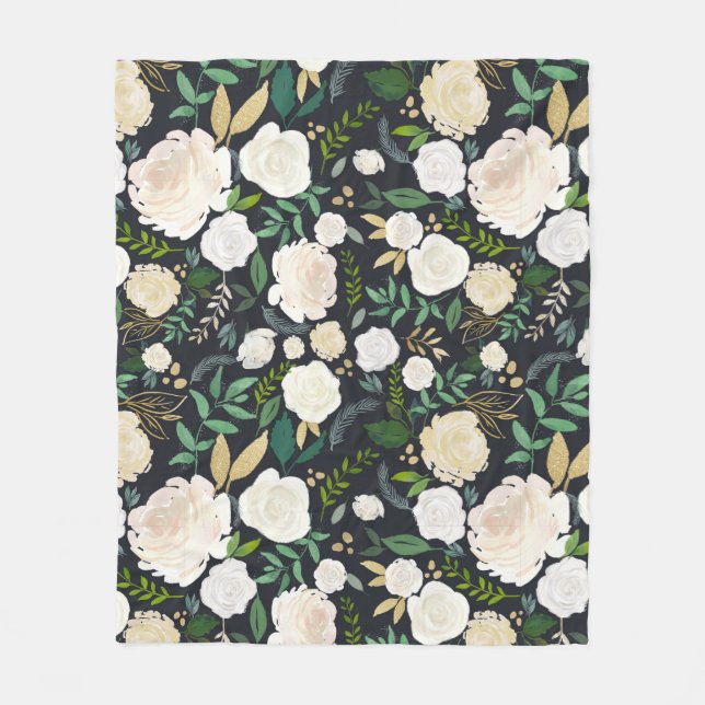 White Rose & Greenery Floral Fleece Blanket (Front)