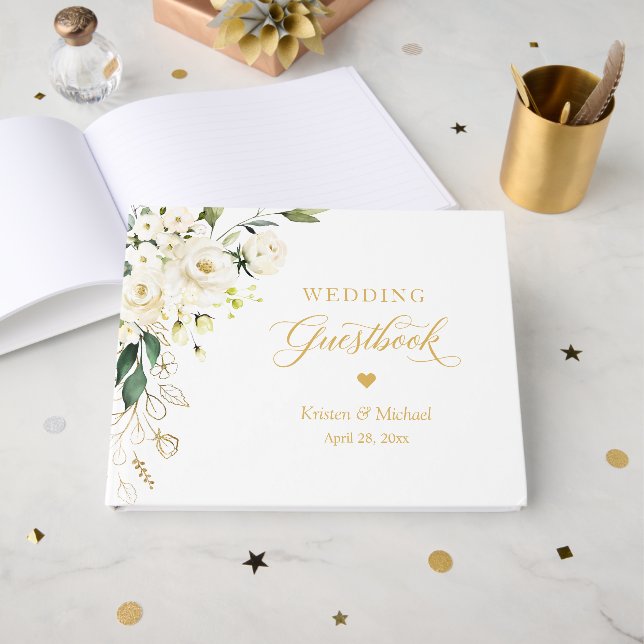 White Rose Greenery Floral Gold Text Wedding Guest Book (Front Open)