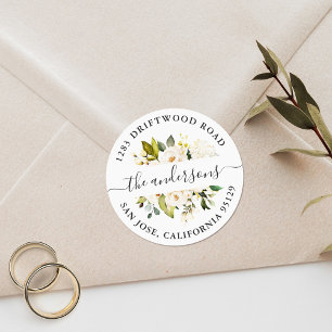 White Rose Greenery Floral Return Address Classic Round Sticker