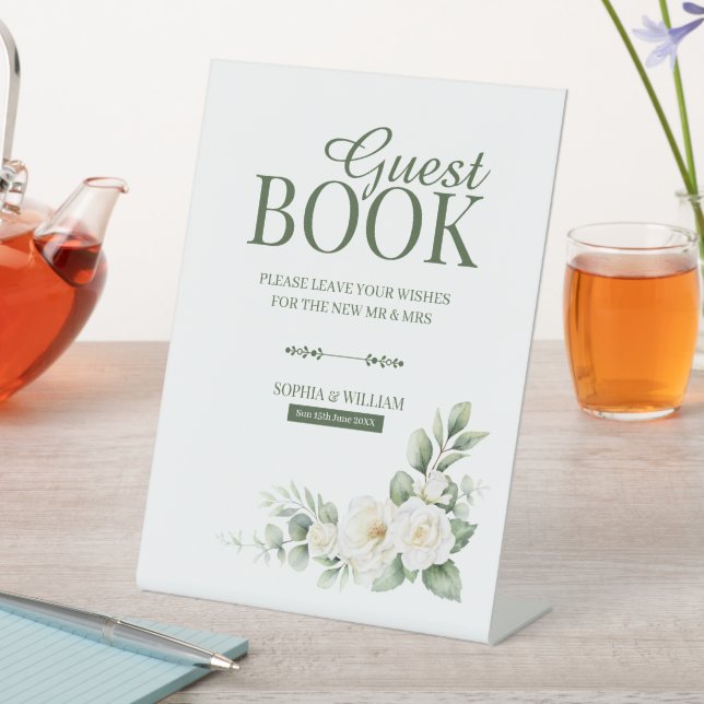 White Rose Greenery Guest Book Tabletop Sign (In SItu)