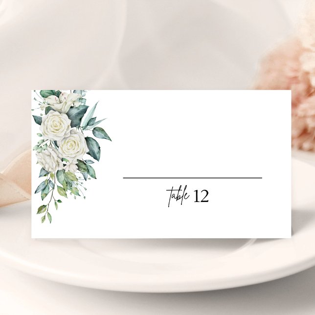 White Rose Greenery Wedding Folded Place Card (Creator Uploaded)