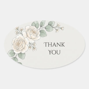 White Rose Greenery Wedding Thank You Oval Sticker