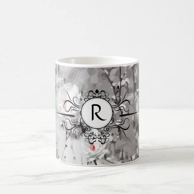 White rose grey white floral pattern monogram  coffee mug (Center)