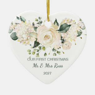 White rose, hydrangea 1st Christmas Photo Ceramic Ornament