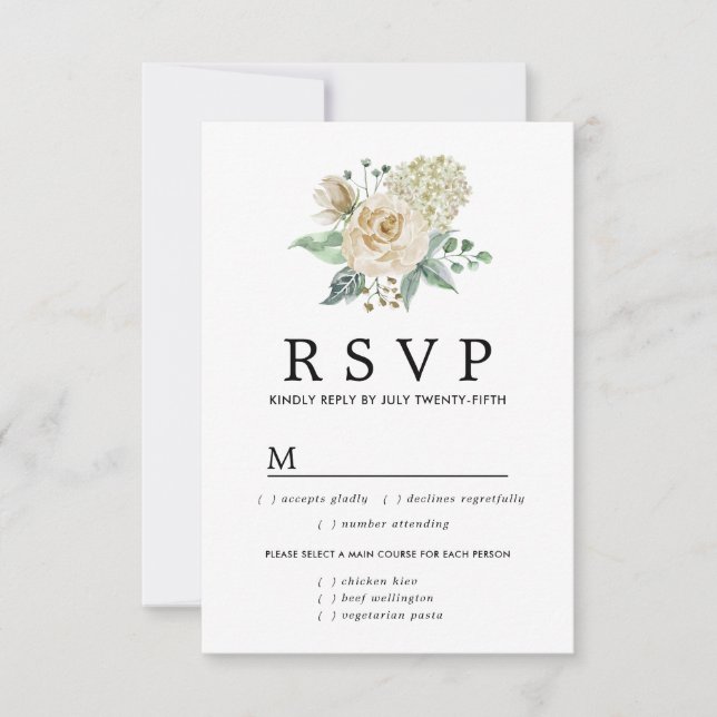 White Rose Hydrangea RSVP Card Meal Options (Front)