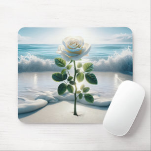 White Rose In Beach Sand Mouse Pad