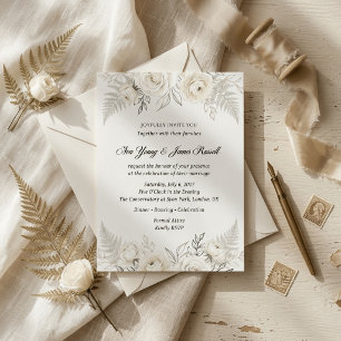 White Rose Ivory Floral Fern Wedding Invitation