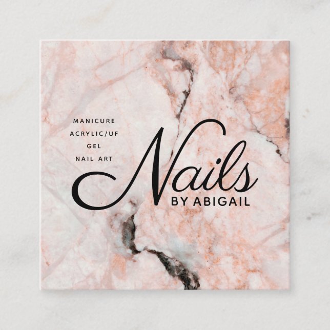 White Rose Marble Nails By Website & QR Code Peach Square Business Card (Front)