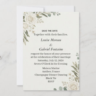 White Rose Olive Greenery Wedding Save The Date Ca Invitation