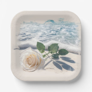 White Rose On Beach Sand  Paper Plate
