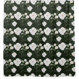 White Rose on Black Floral Shower Curtain Bathroom