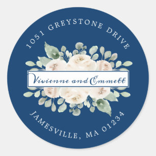 White Rose on Navy Floral Return Address Label