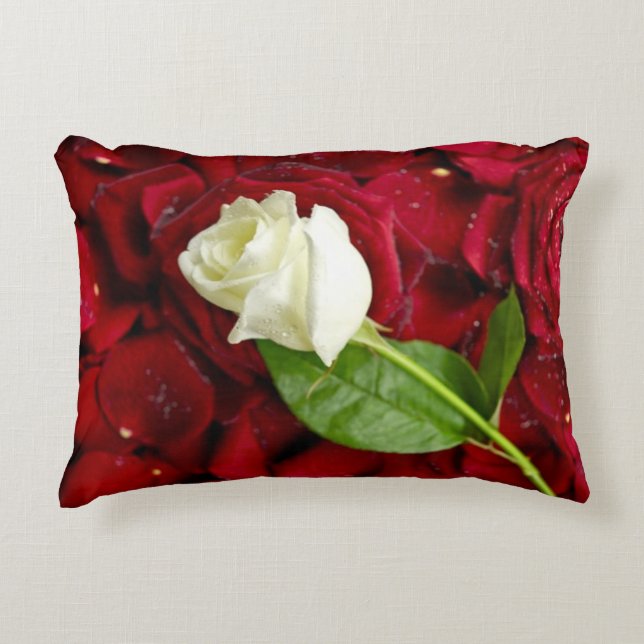 White Rose On Red Petals Decorative Pillow (Front)