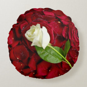 White Rose On Red Petals Round Pillow