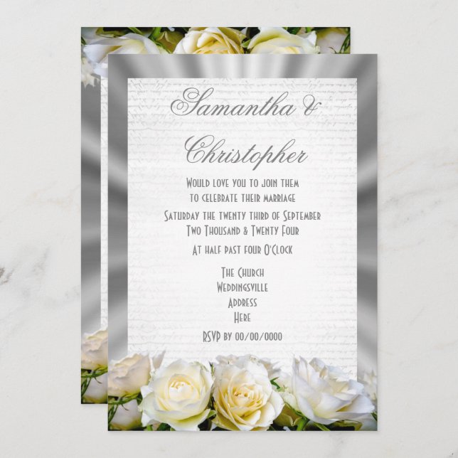 White rose on silver grey wedding invitation (Front/Back)
