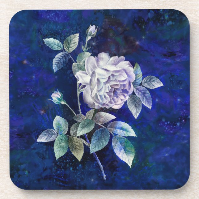  White Rose on Textured Blue- Navy Ground Coaster (Front)