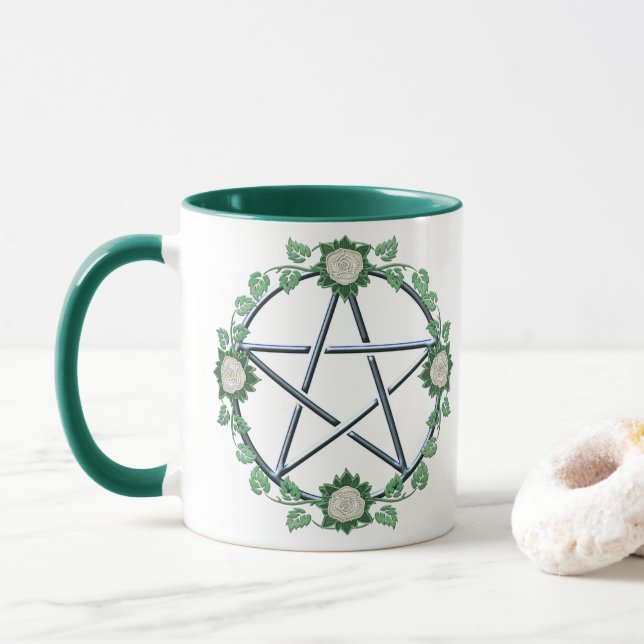 White Rose Pentagram Wicca Pentacle Pagan Occult Mug (With Donut)