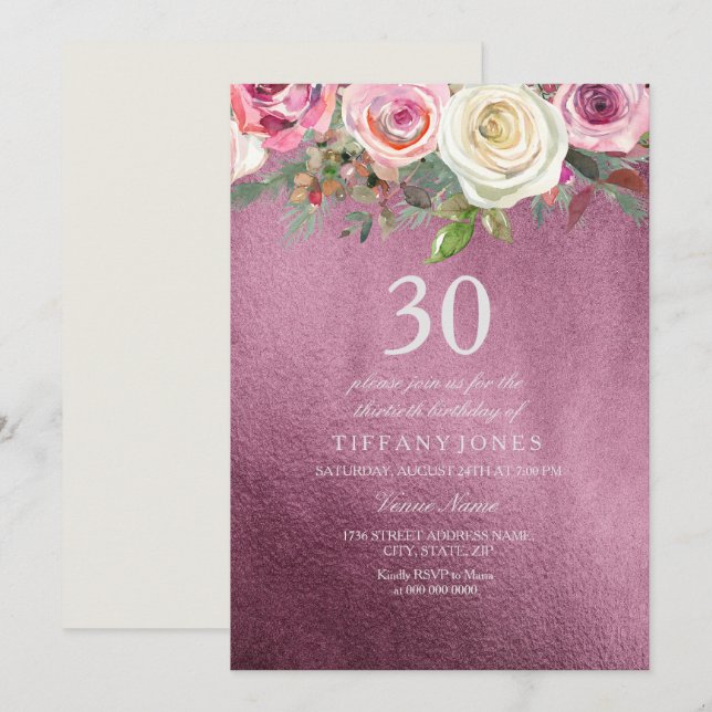 White Rose Pink Burgundy Foil 30th Birthday Invite (Front/Back)