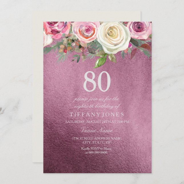 White Rose Pink Burgundy Foil 80th Birthday Invite (Front/Back)