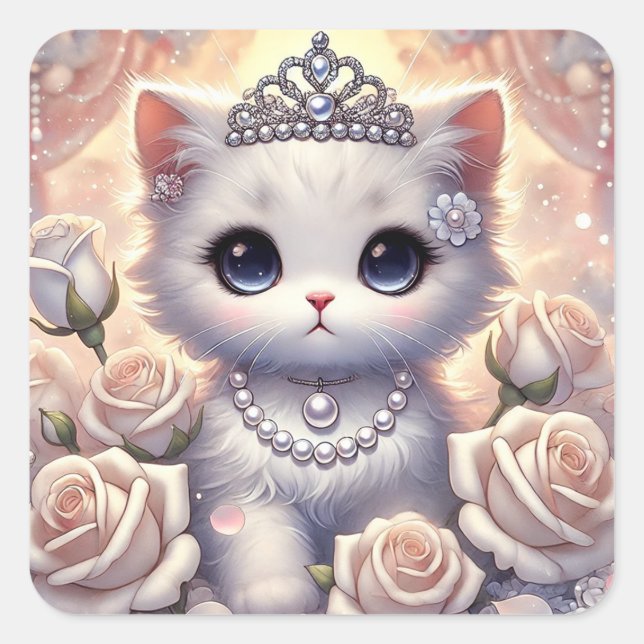White Rose Princess Cat Square Sticker (Front)