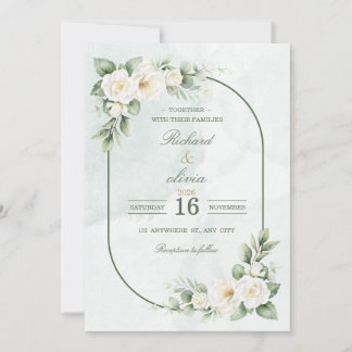 White Rose & Sage Green Wedding Invitation