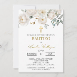 White rose Spanish baptism Invitation