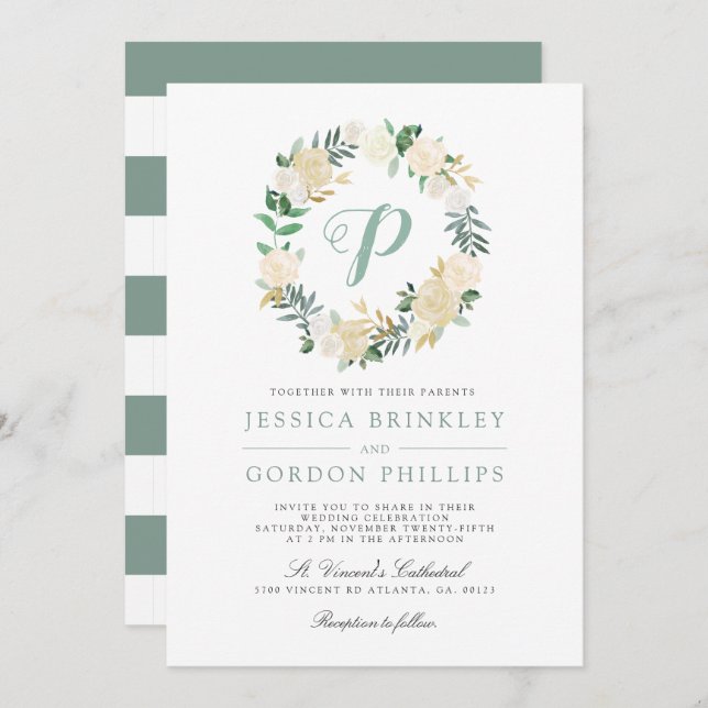 White Rose Striped | Solo Monogram Wedding Invite (Front/Back)