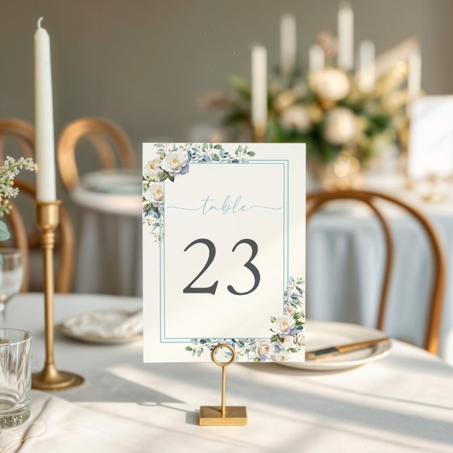 White Rose Watercolor Floral Dusty Blue Table Card (White Roses Floral Watercolor 
Eucalyptus Dusty Blue Script Table Number Card)