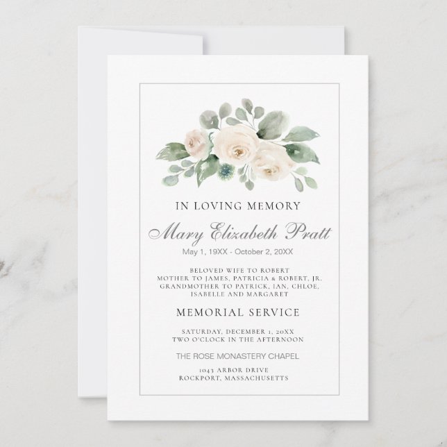 White Rose Watercolor Funeral Service Invitation (Front)