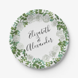 White Rose Wedding Floral Classic Paper Plate