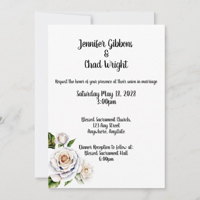 White Rose Wedding Invitation, 5x7"  Invitation (Front)