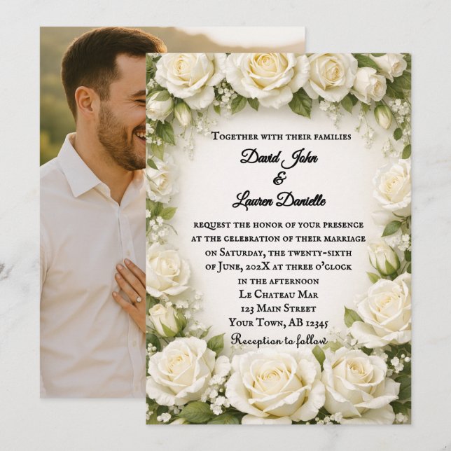 White Rose Wedding Photo Invitation (Front/Back)