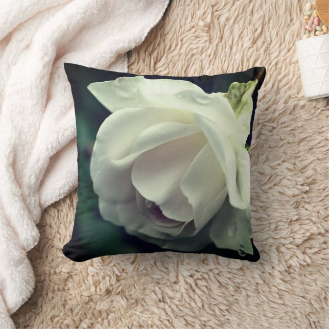 White Rose With Raindrops Floral Throw Pillow (Blanket)