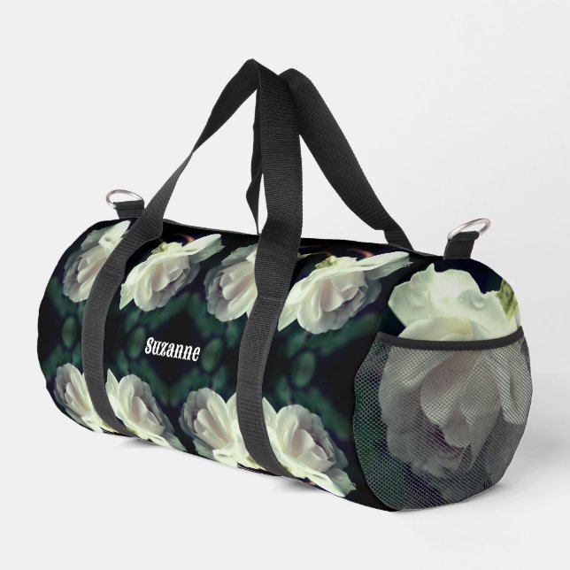 White Rose With Raindrops Personalized Duffle Bag (Right Corner)