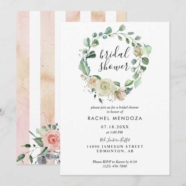 White Rose Wreath Watercolor Elegant Romance chic Invitation (Front/Back)