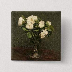 White Roses, 1875 (oil on canvas) 2 Inch Square Button