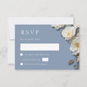White Roses 3D Flowers Dusty Blue RSVP Card