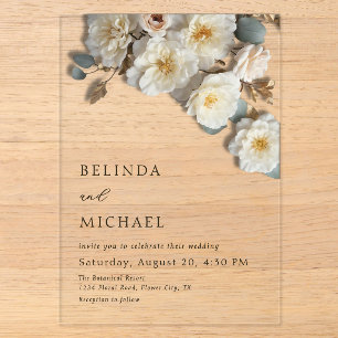 White Roses 3D Flowers Elegant White Wedding Acrylic Invitations