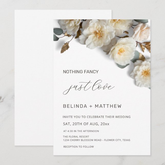 White Roses 3D Flowers Elegant White Wedding Invitation (Front/Back)