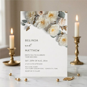 White Roses 3D Flowers Elegant White Wedding Invitation