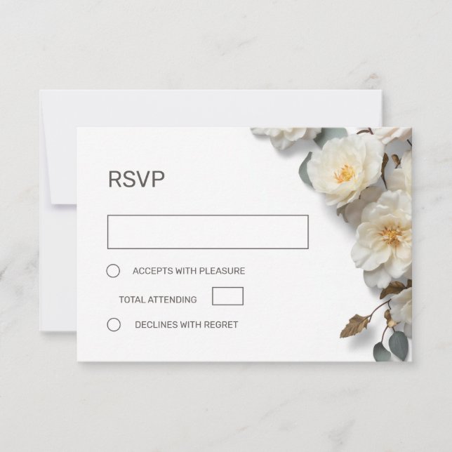 White Roses 3D Flowers RSVP Card (Front)