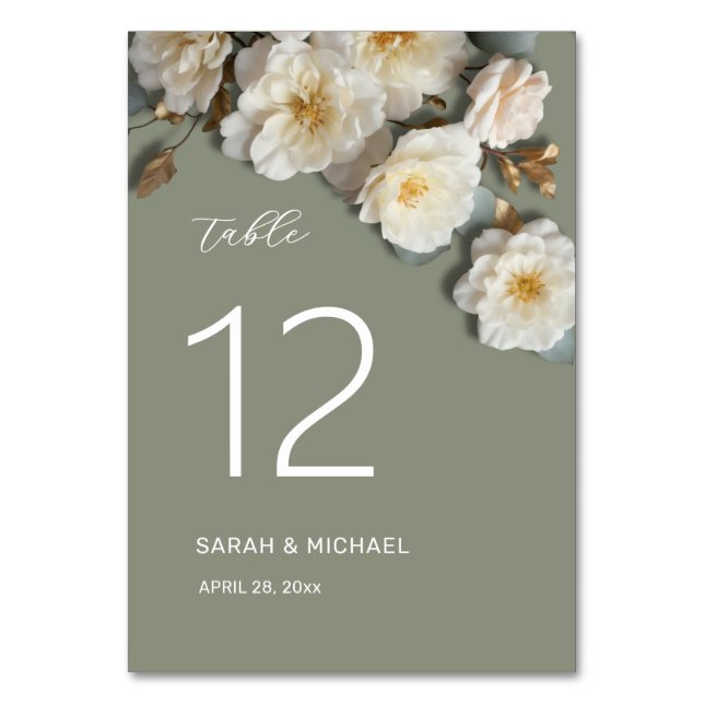 White Roses 3D Flowers Wedding Table Number (Front)