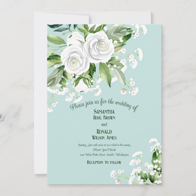 White Roses and Baby's Breath on Pale Blue Wedding Invitation (Front)