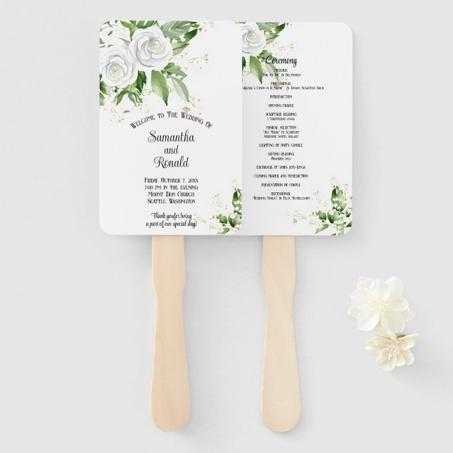 White Roses and Baby's Breath Wedding Program Hand Fan (Front and Back)